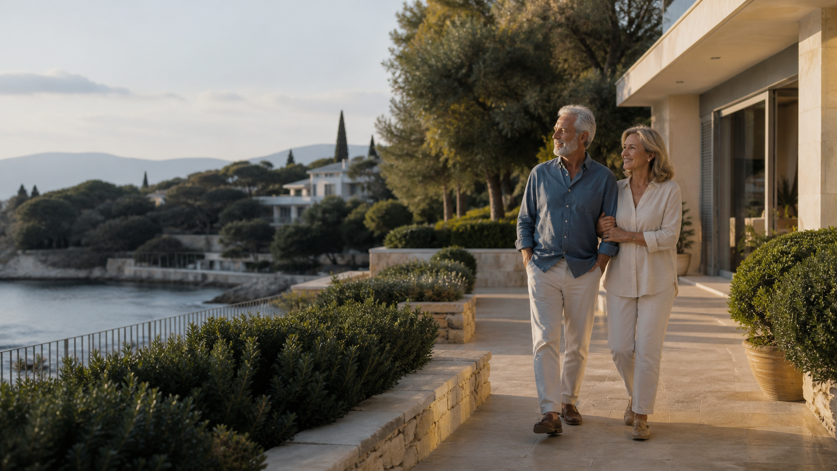 Mature couple outside a quiet Attica residence near the coast